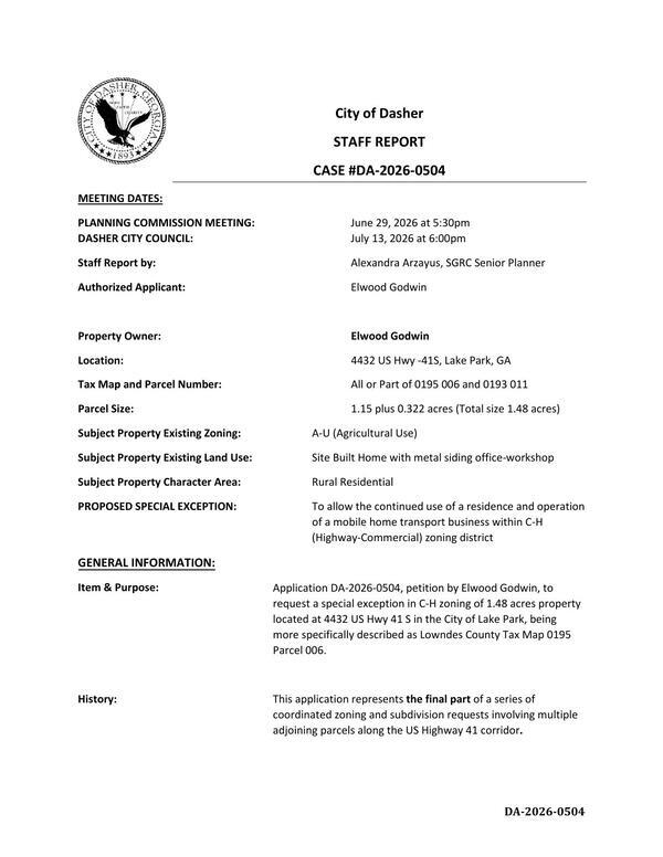 [To allow the continued use of a residence and operation of a mobile home transport business within C-H (Highway-Commercial) zoning district]