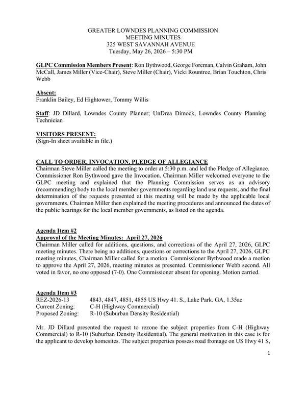 [3. REZ-2026-13, US 41 S, Lake Park, 1.35 ac, C-H to R-10; approval recommendation passed 6-0-1, Touchton recused.]