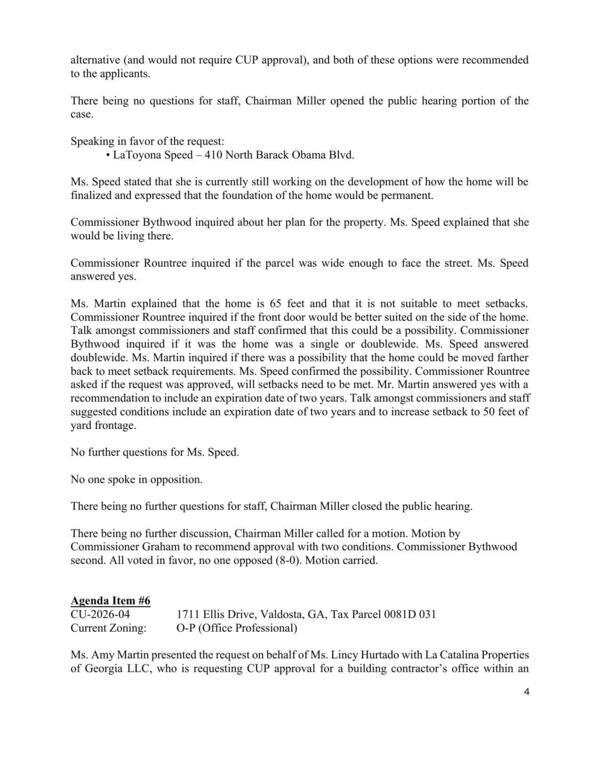 [6. CU-2026-04, 1711 Ellis Drive, Valdosta, O-P, approval recommendation passed 8-0.]