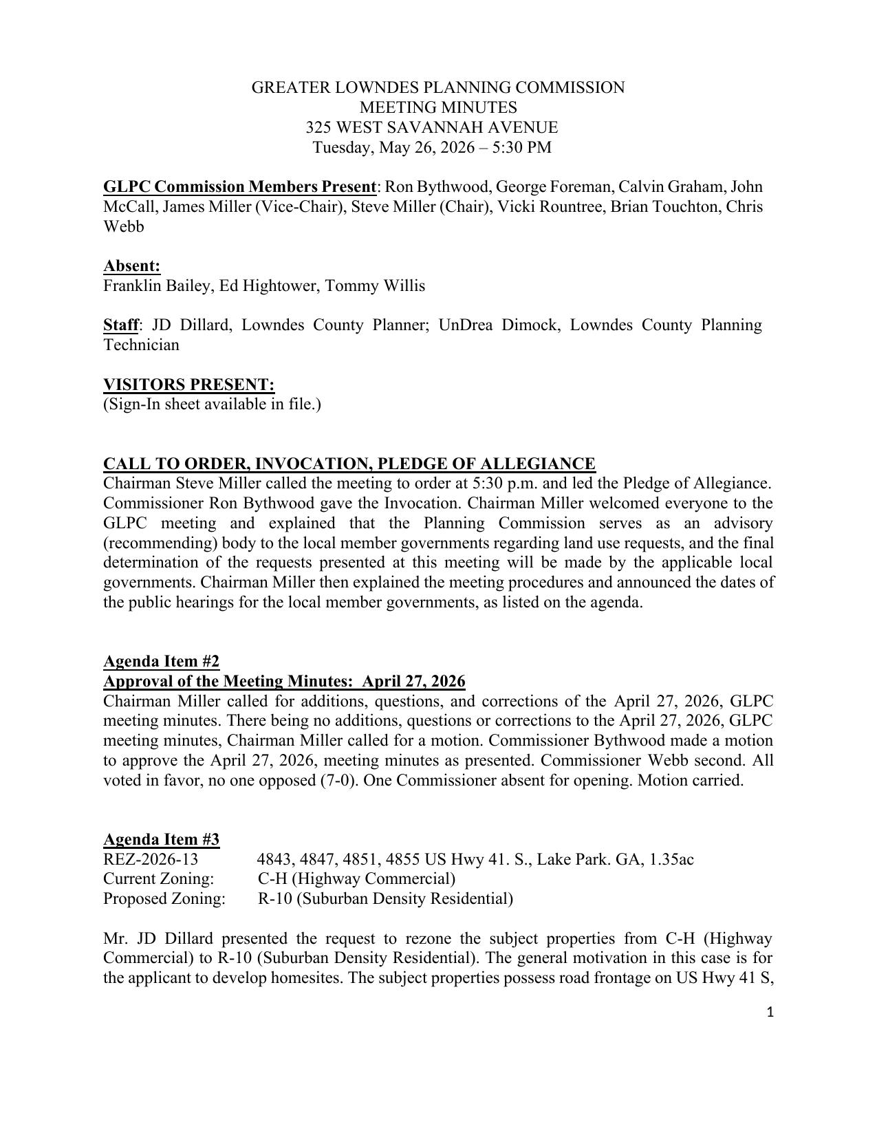 3. REZ-2026-13, US 41 S, Lake Park, 1.35 ac, C-H to R-10; approval recommendation passed 6-0-1, Touchton recused.