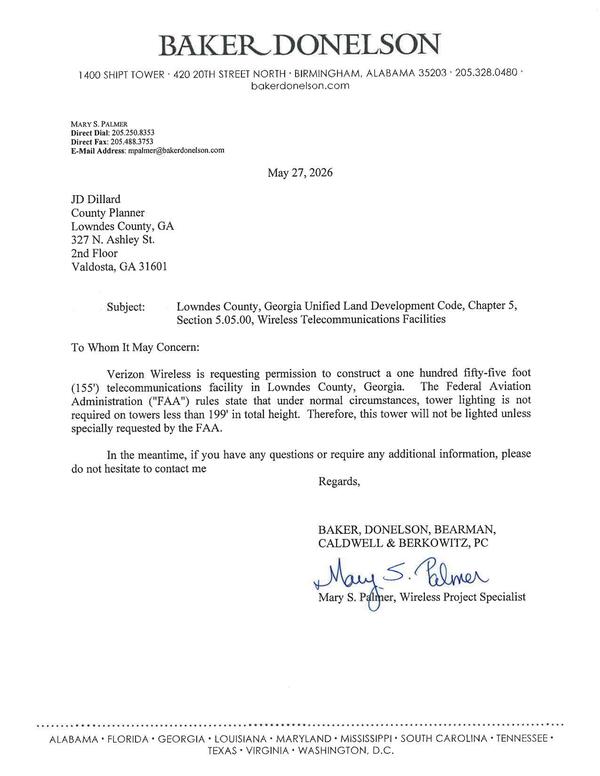 [The Federal Aviation Administration (&ldquo;FAA&rdquo;) rules state that under normal circumstances, tower lighting is not required on towers less than 199&lsquo; in total height. Therefore, this tower will not be lighted unless specially requested by the FAA.]