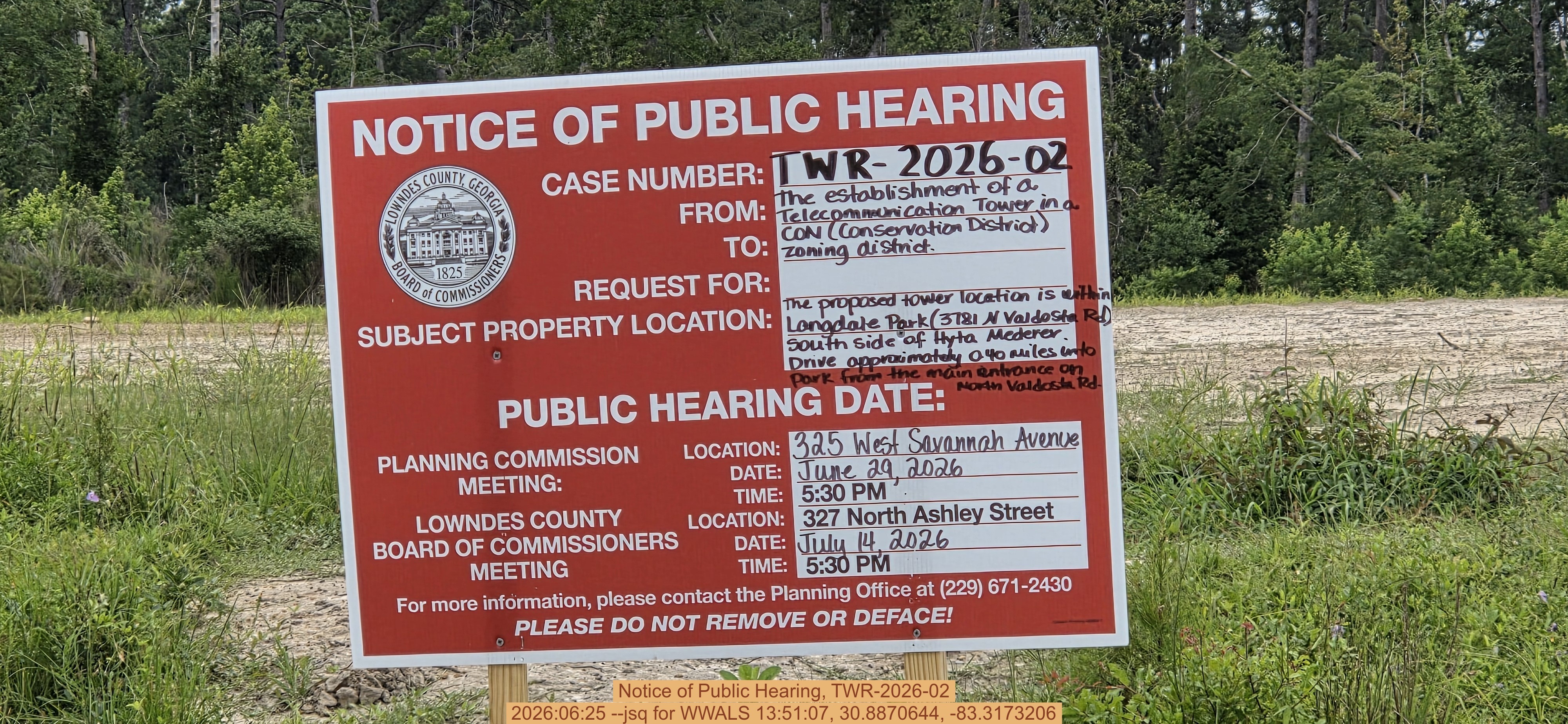 Notice of Public Hearing, TWR-2026-02, 2026:06:25 --jsq for WWALS 13:51:07, 30.8870644, -83.3173206