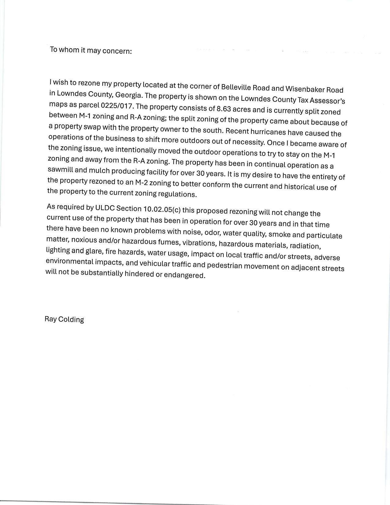 Request for rezoning by Ray Colding