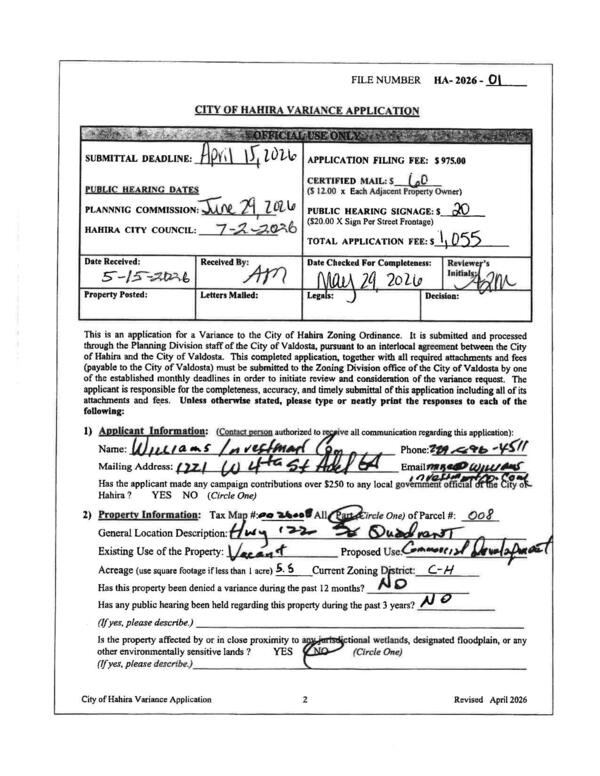 [CITY OF HAHTRA VARIANCE APPLICATION]