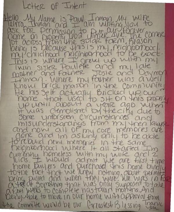 [Letter of Intent from Paul Inman for himself and Teirra Inman]