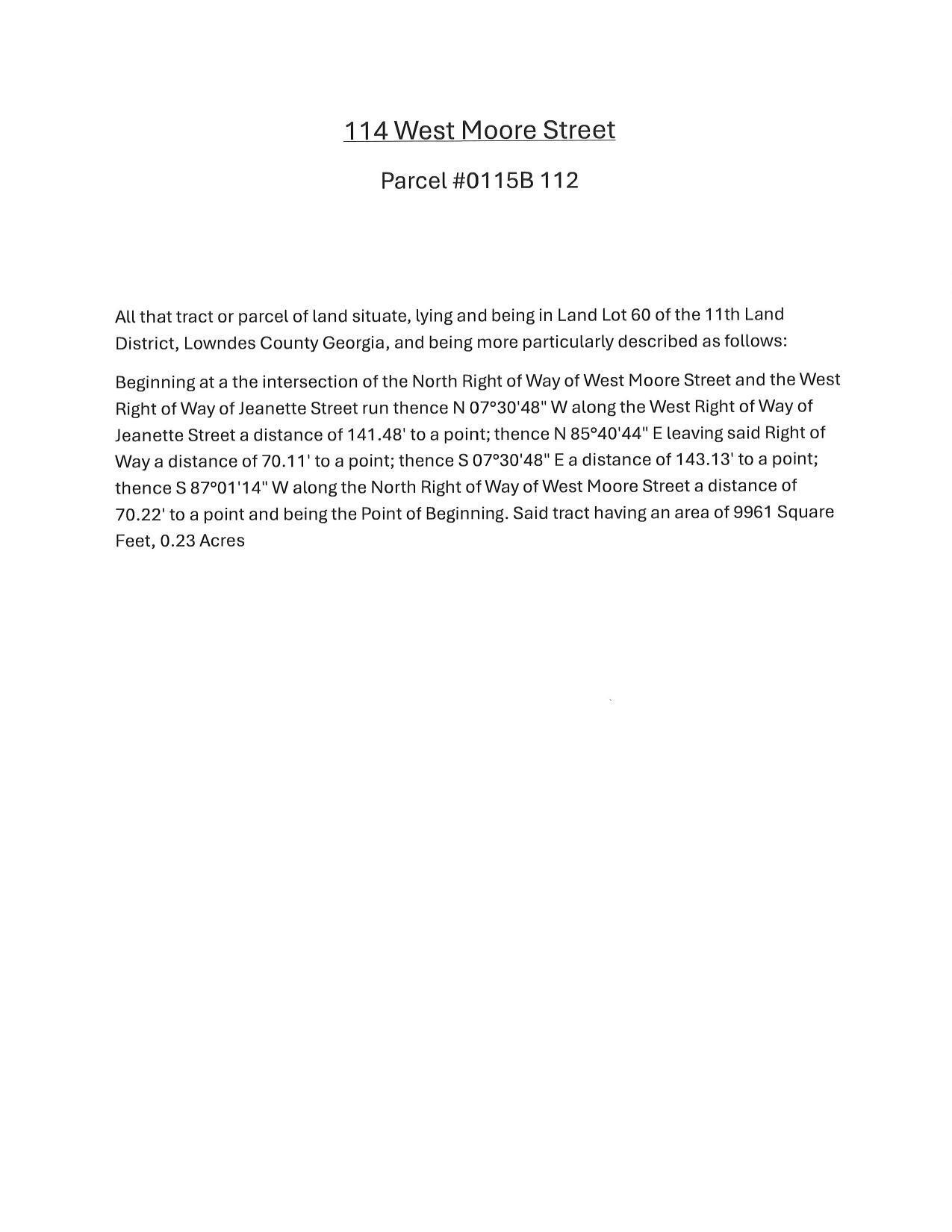 Description of 114 West Moore Street, Parcel 0115B 112