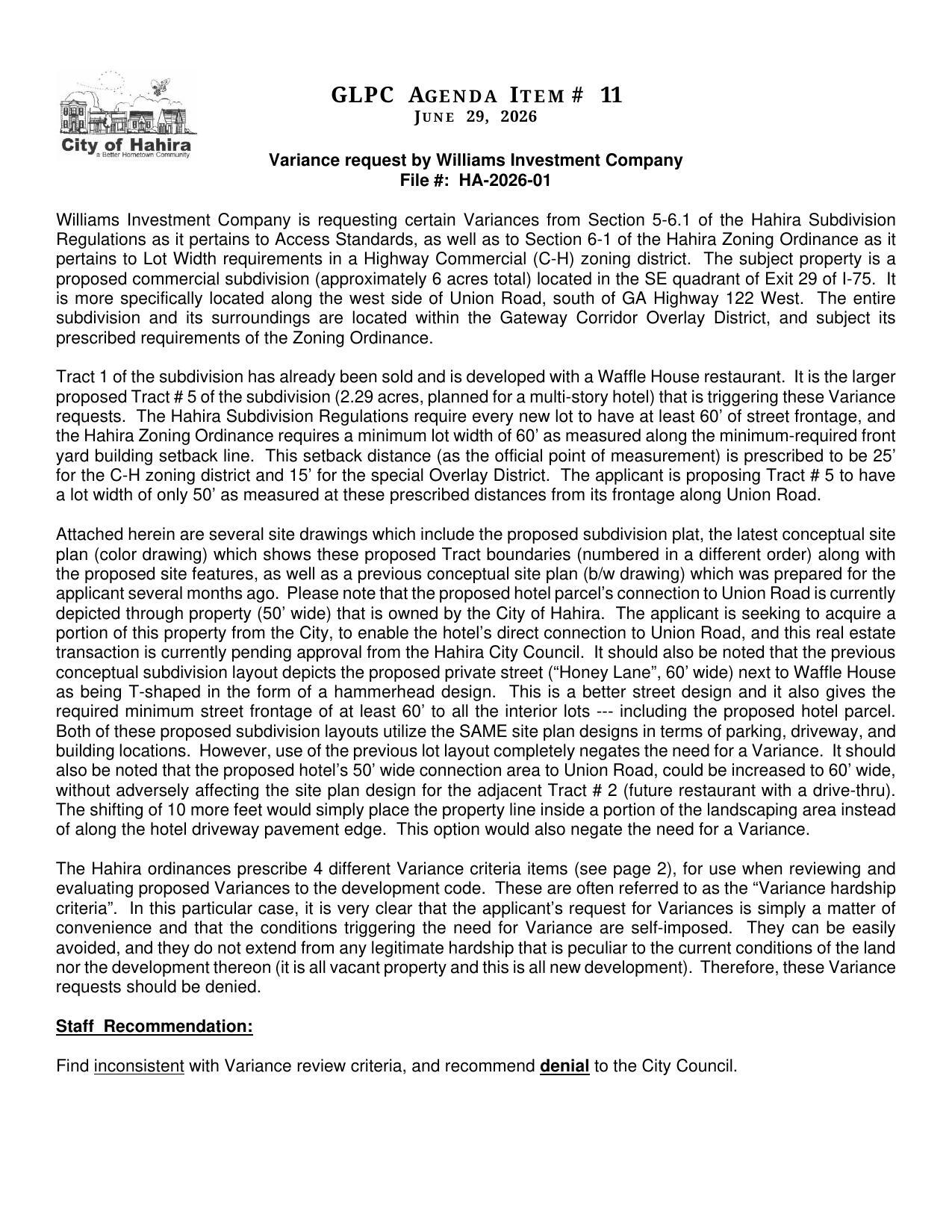 as well as to Section 6-1 of the Hahira Zoning Ordinance as it pertains to Lot Width requirements in a Highway Commercial (C-H) zoning district.