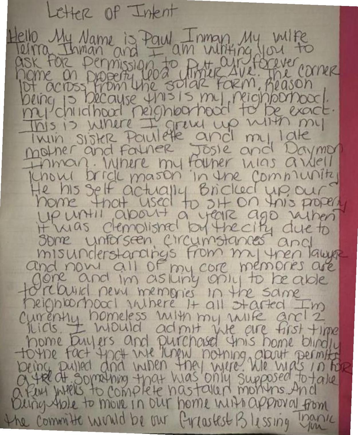 Letter of Intent from Paul Inman for himself and Teirra Inman