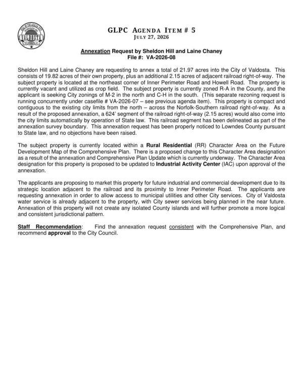 [The applicants are proposing to market this property for future industrial and commercial development due to its strategic location adjacent to the railroad and its proximity to Inner Perimeter Road. The applicants are requesting annexation in order to allow access to municipal utilities and other City services.]