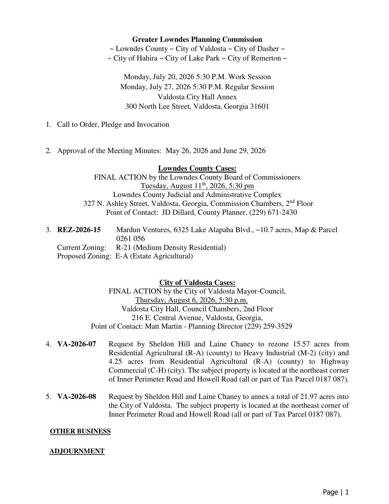 Lake Alapaha Blvd to E-A, Howell Road to M-2 and C-H and annex to Valdosta