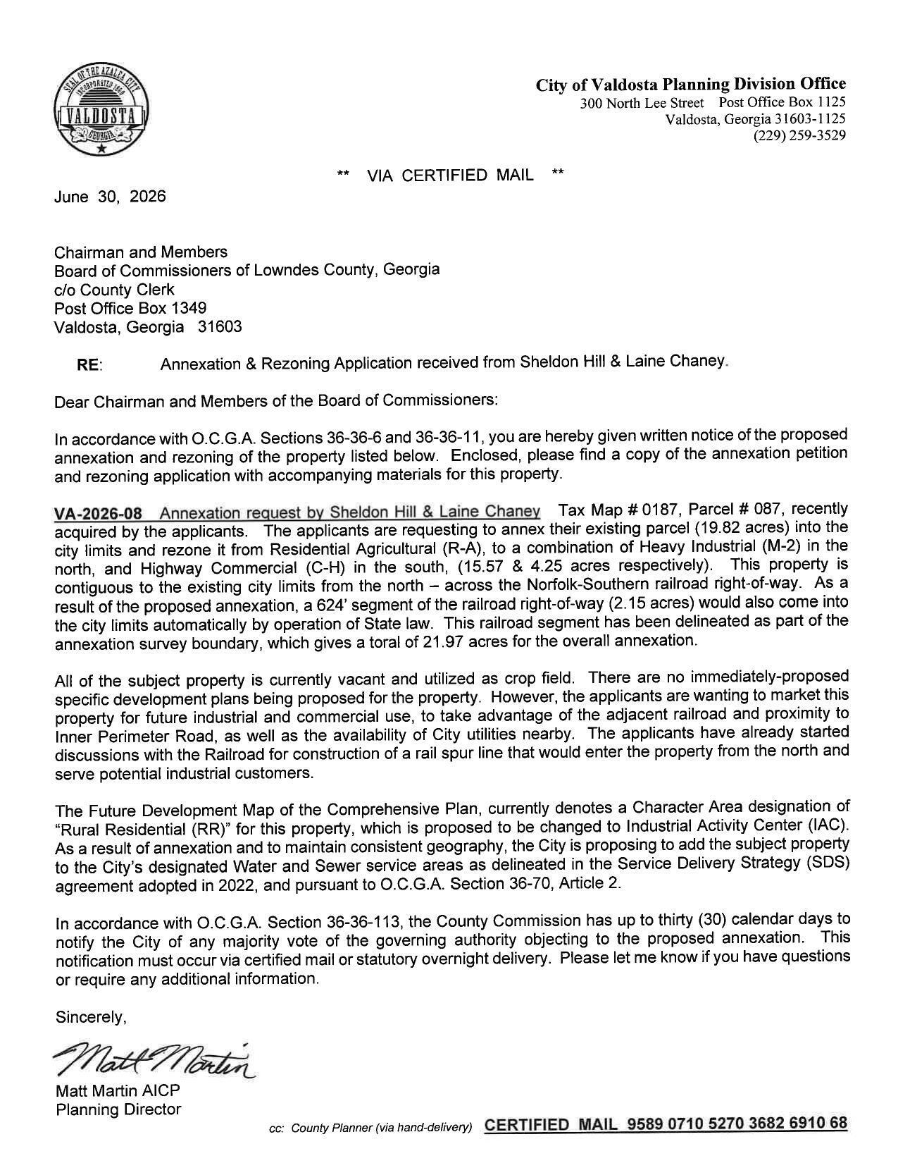 Annexation & Rezoning Application received from Sheldon Hill & Laine Chaney.
