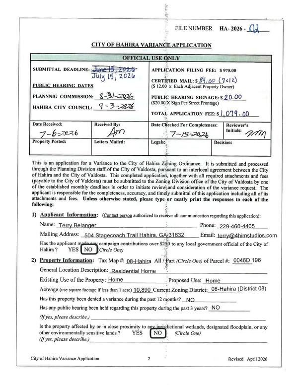 [CITY OF HAHIRA VARIANCE APPLICATION]