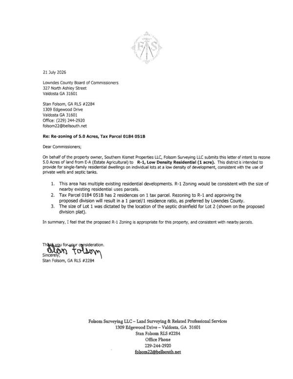 [On behalf of the property owner, Southern Kismet Properties LLC, Folsom Surveying LLC submits this letter of intent to rezone]