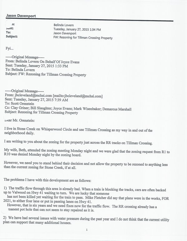 Opposition letter from J.B. Cleveland (second page apparently missing)