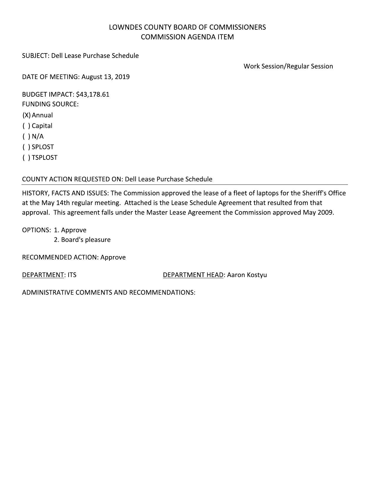 Dell Lease Purchase Schedule Work Session/Regular Session DATE OF MEETING: August 13, 2019