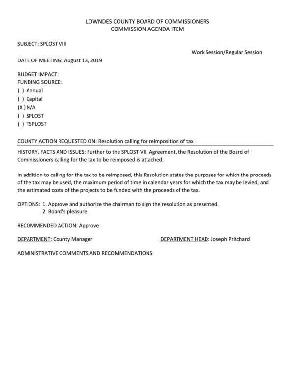 SPLOST VIII Work Session/Regular Session DATE OF MEETING: August 13, 2019