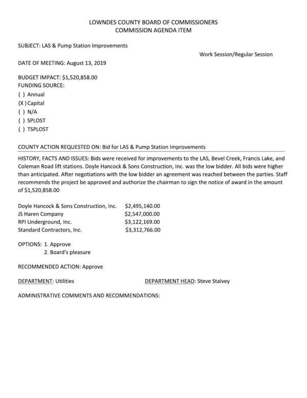 LAS & Pump Station Improvements Work Session/Regular Session DATE OF MEETING: August 13, 2019