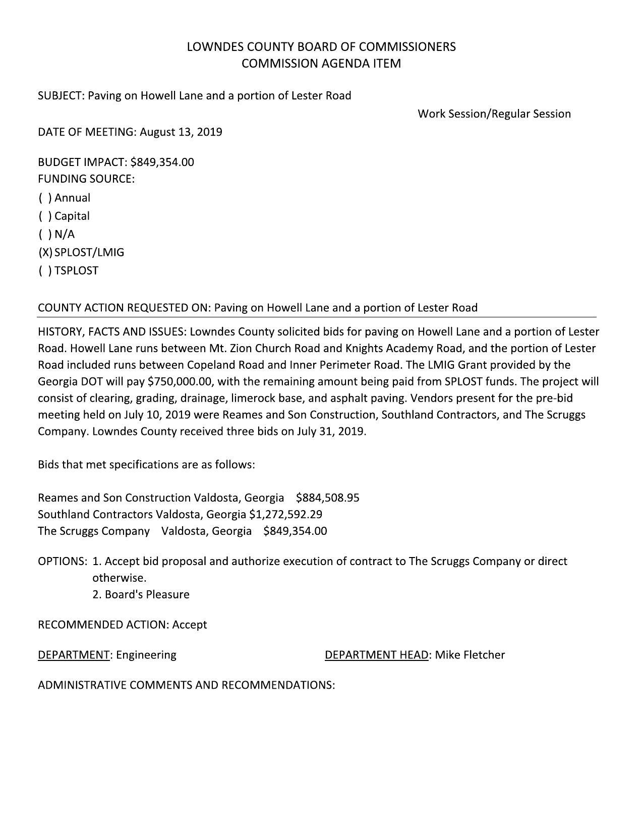 Paving on Howell Lane and a portion of Lester Road Work Session/Regular Session DATE OF MEETING: August 13, 2019