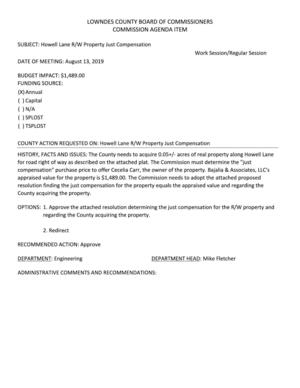 [Howell Lane R/W Property Just Compensation Work Session/Regular Session DATE OF MEETING: August 13, 2019]