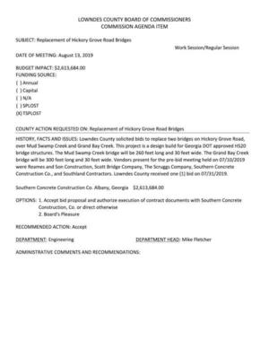 [Replacement of Hickory Grove Road Bridges Work Session/Regular Session DATE OF MEETING: August 13, 2019]