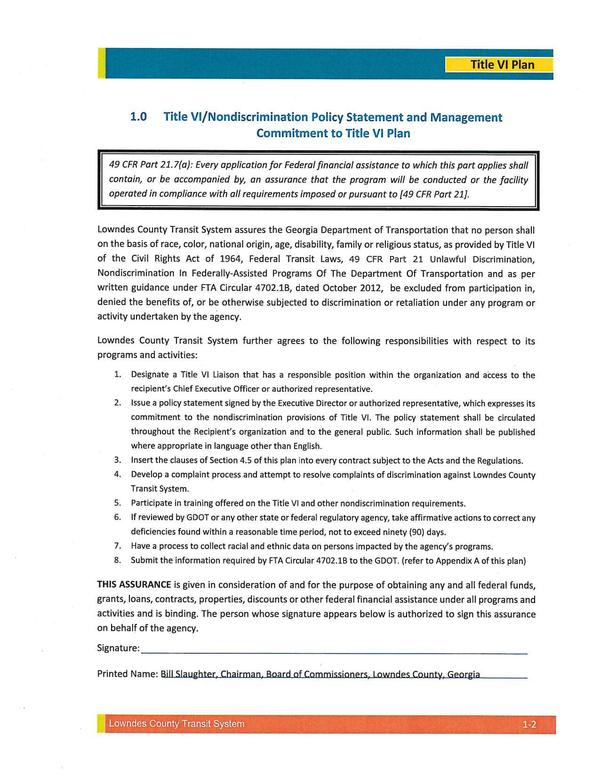 1.0 Title VI/Nondiscrimination Policy Statement and Management Commitment to Title VI Plan