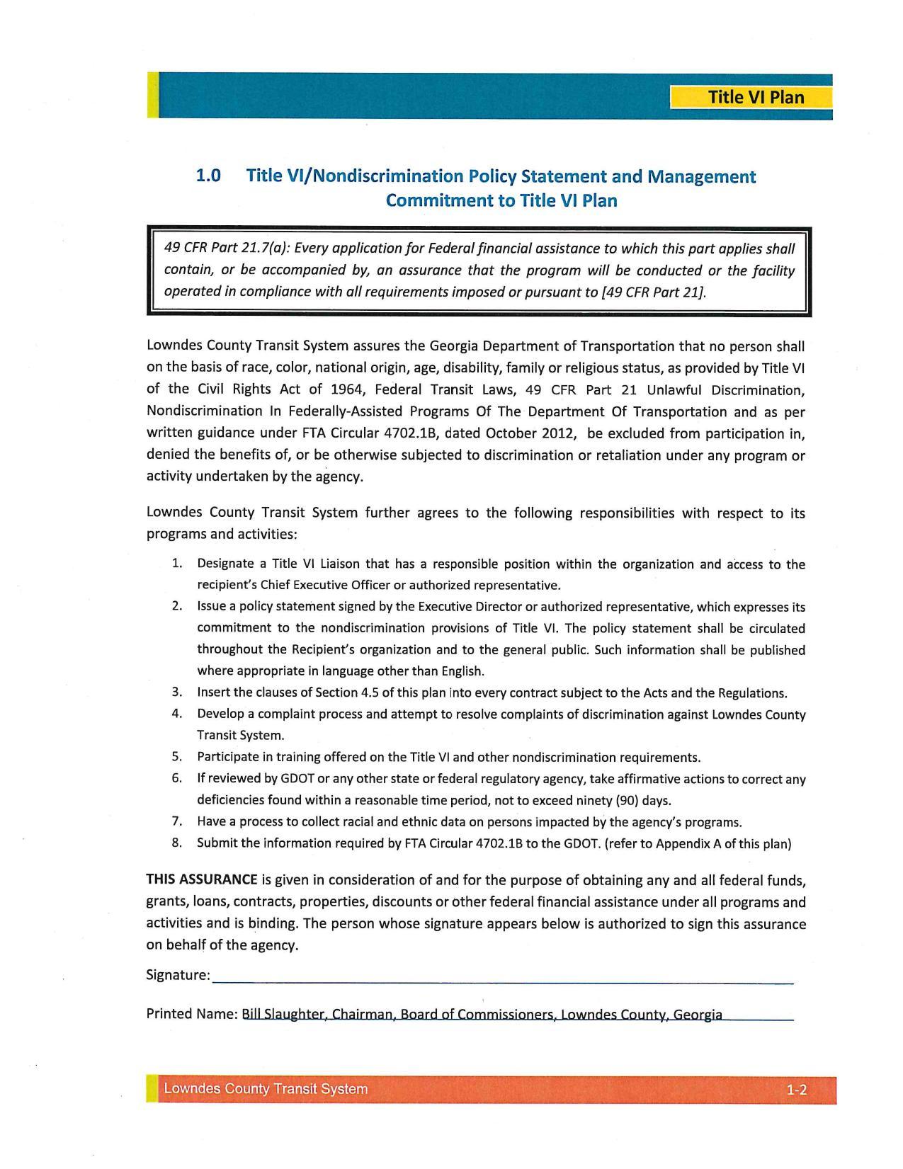 1.0 Title VI/Nondiscrimination Policy Statement and Management Commitment to Title VI Plan