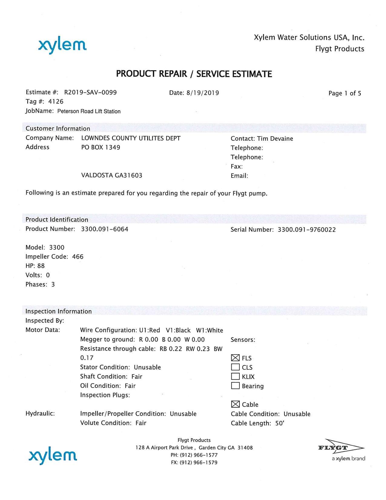 PRODUCT REPAIR / SERVICE ESTIMATE 1 of 5