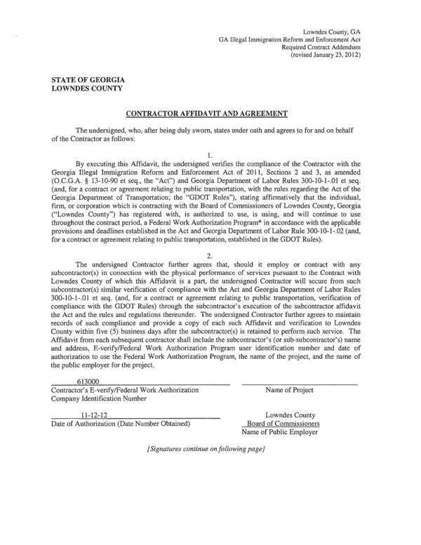 CONTRACTOR AFFIDAVIT AND AGREEMENT