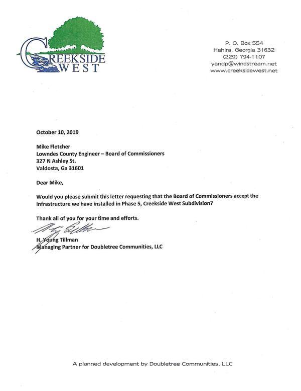 Letter from Doubletree Communities, LLC