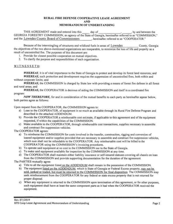 RURAL FIRE DEFENSE COOPERATIVE LEASE AGREEMENT
