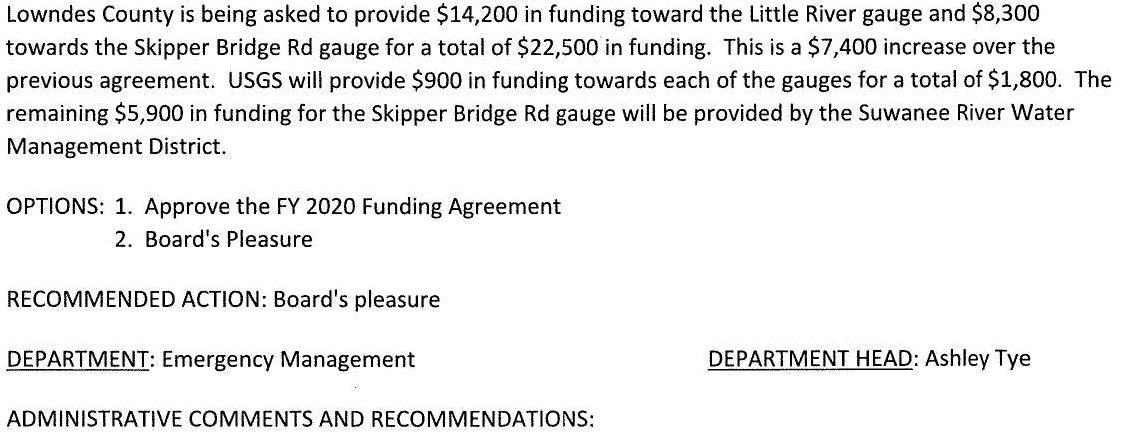 OPTIONS: 1. Approve the FY 2020 Funding Agreement