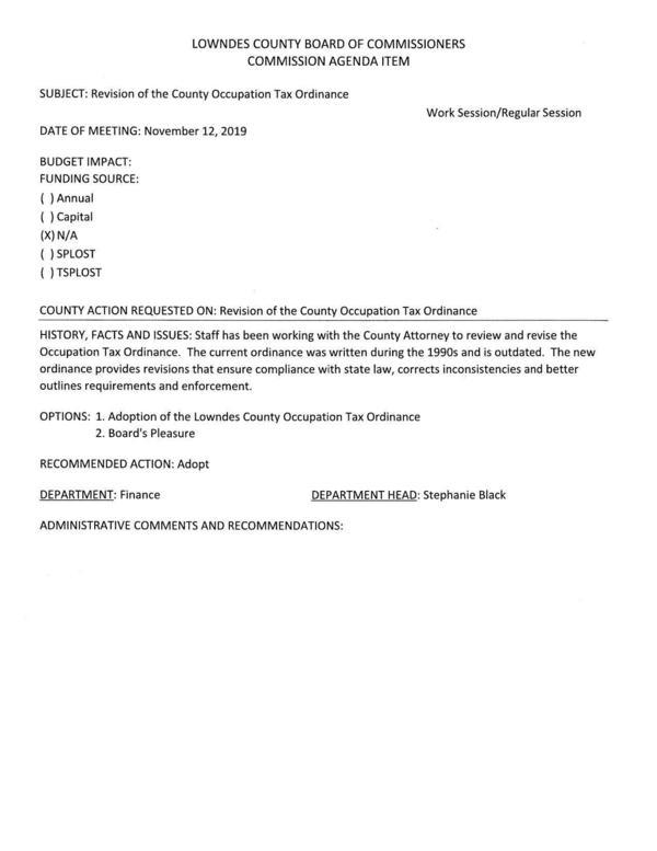 Revision of the County Occupation Tax Ordinance