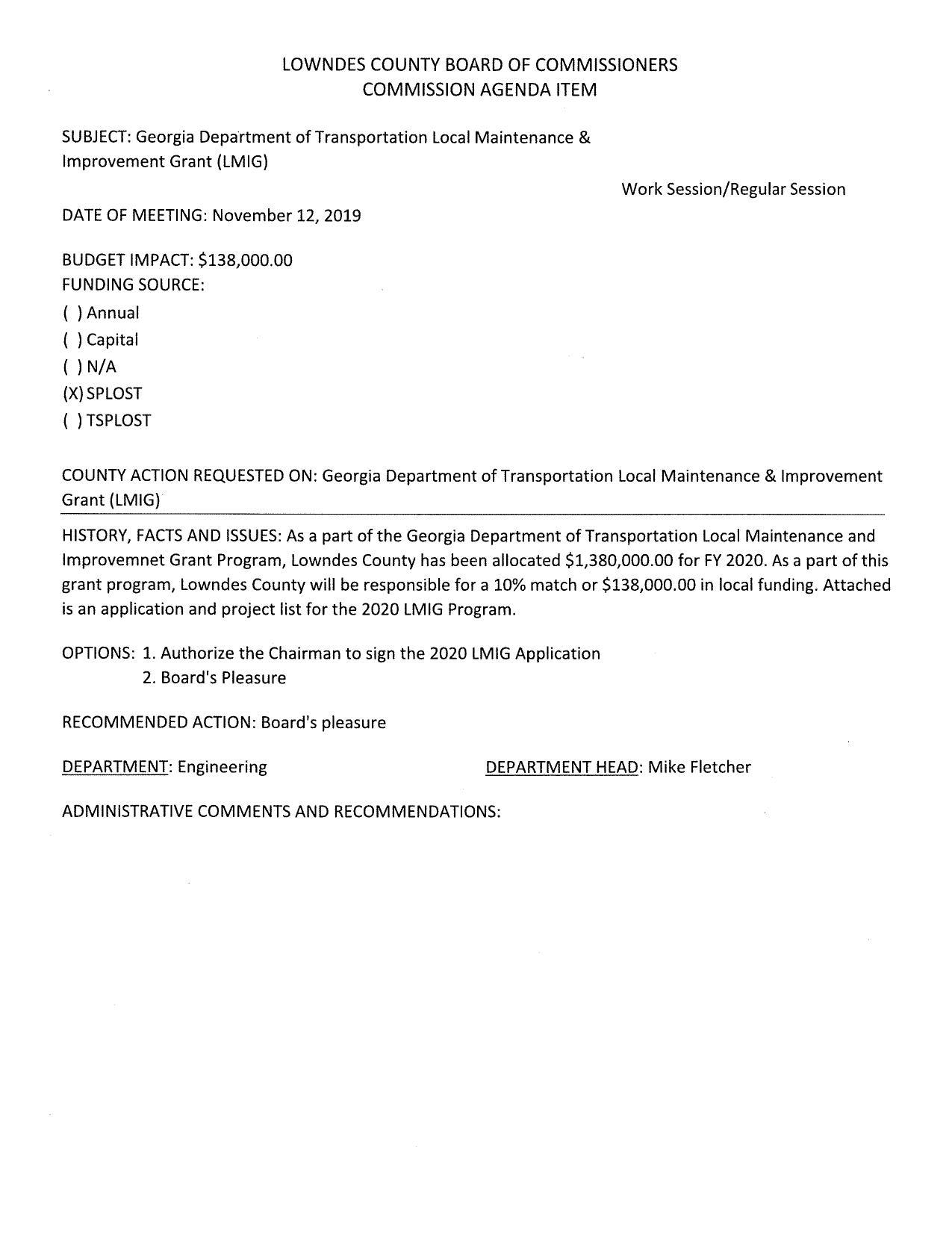 [BUDGET IMPACT: $138,000.00 as 10% match on $1,380,000 GDOT grant]