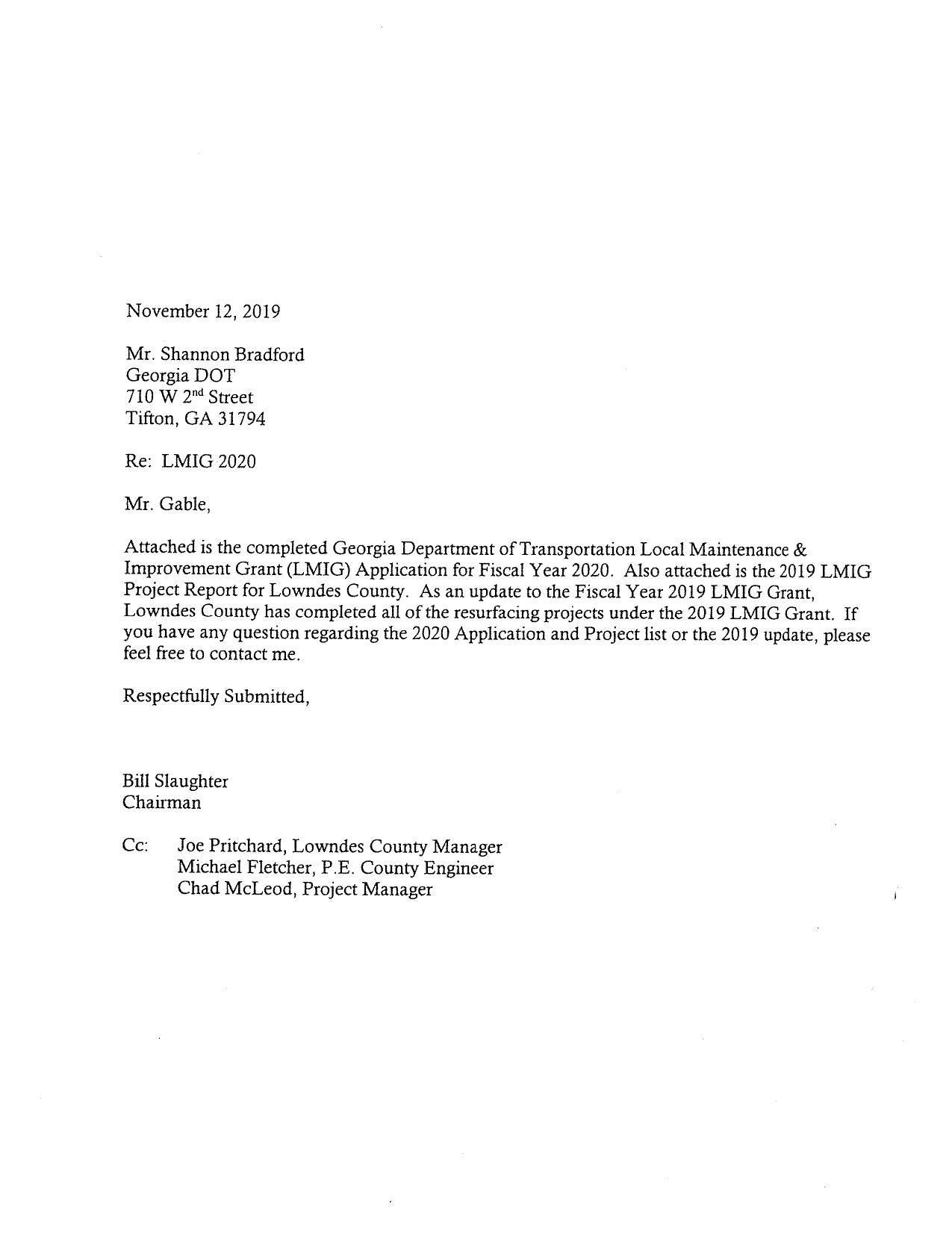 Request from County Chairman to GDOT for LMIG grant