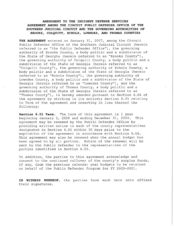 Amendment to the Indigent Defense Services Agreement