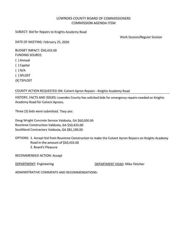 [BUDGET IMPACT: $50,433.00 emergency repairs for Culvert Aprons]