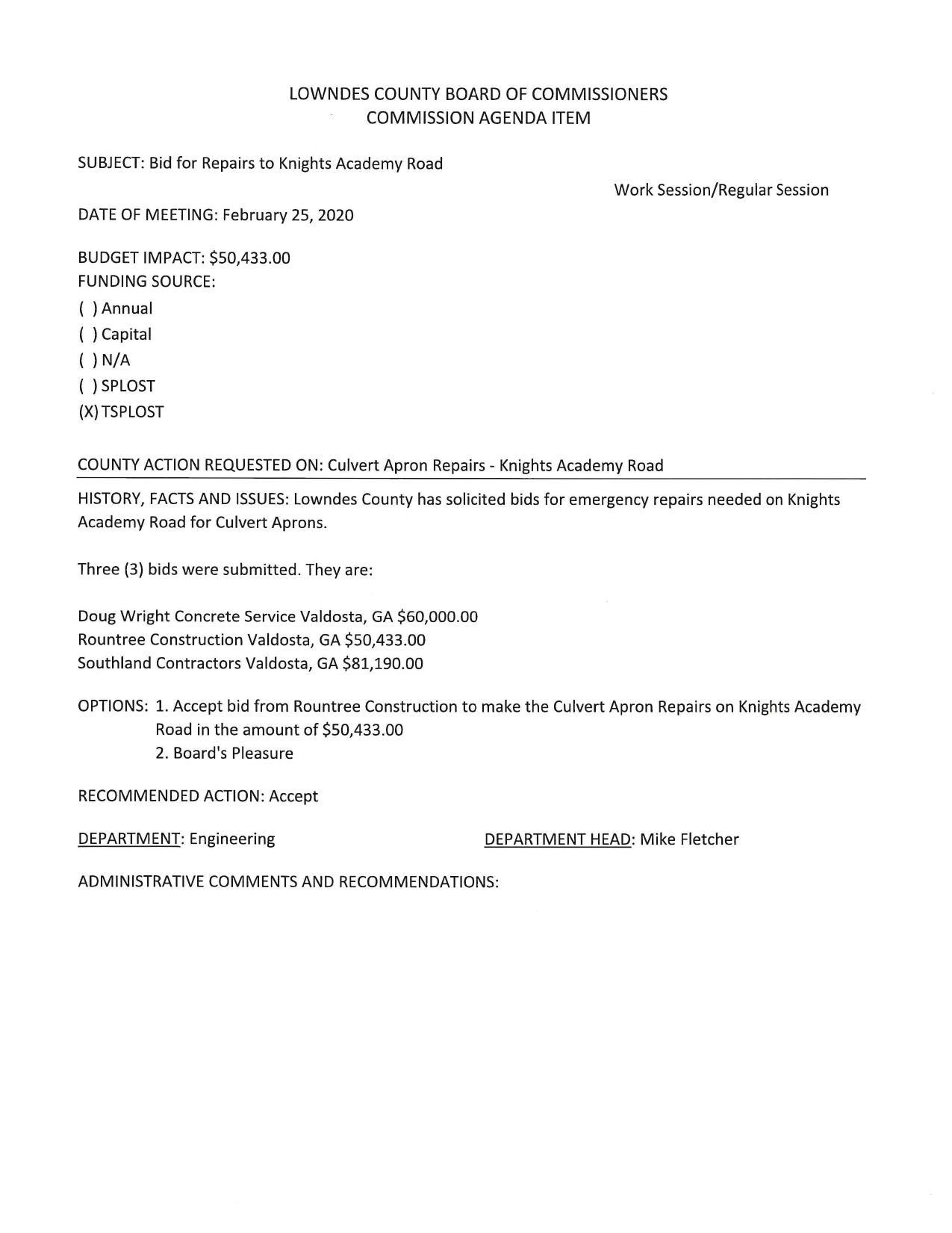 BUDGET IMPACT: $50,433.00 emergency repairs for Culvert Aprons