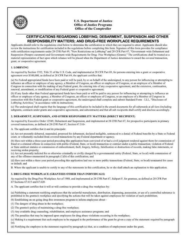 CERTIFICATIONS REGARDING LOBBYING; DEBARMENT, SUSPENSION AND OTHER RESPONSIBILITY MATTERS; AND DRUG-FREE WORKPLACE REQUIREMENTS