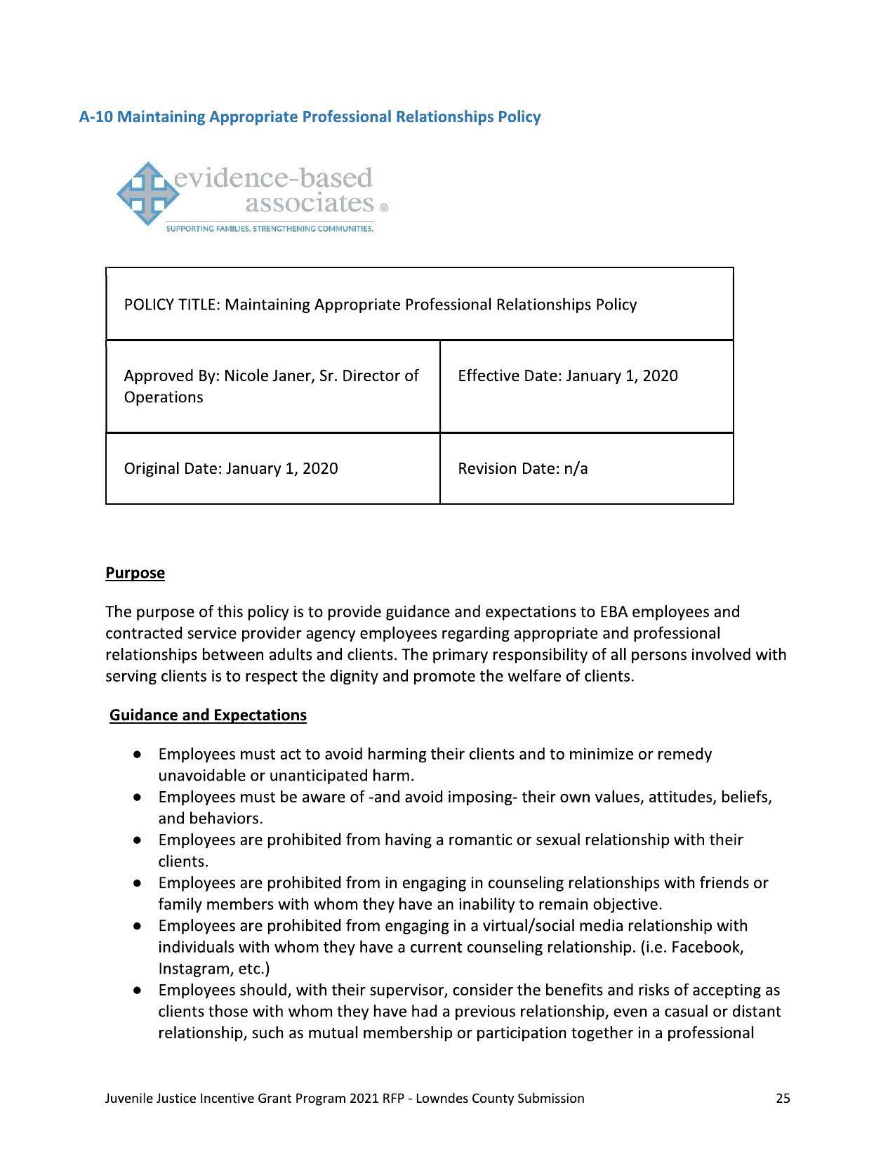 A-10 Maintaining Appropriate Professional Relationships Policy