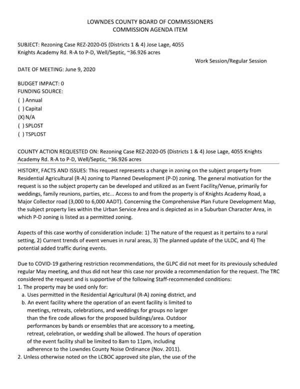 [Rezoning Case REZ-2020-05 (Districts 1 & 4) Jose Lage, 4055 Knights Academy Rd. R-A to P-D, Well/Septic, ~36.926 acres]