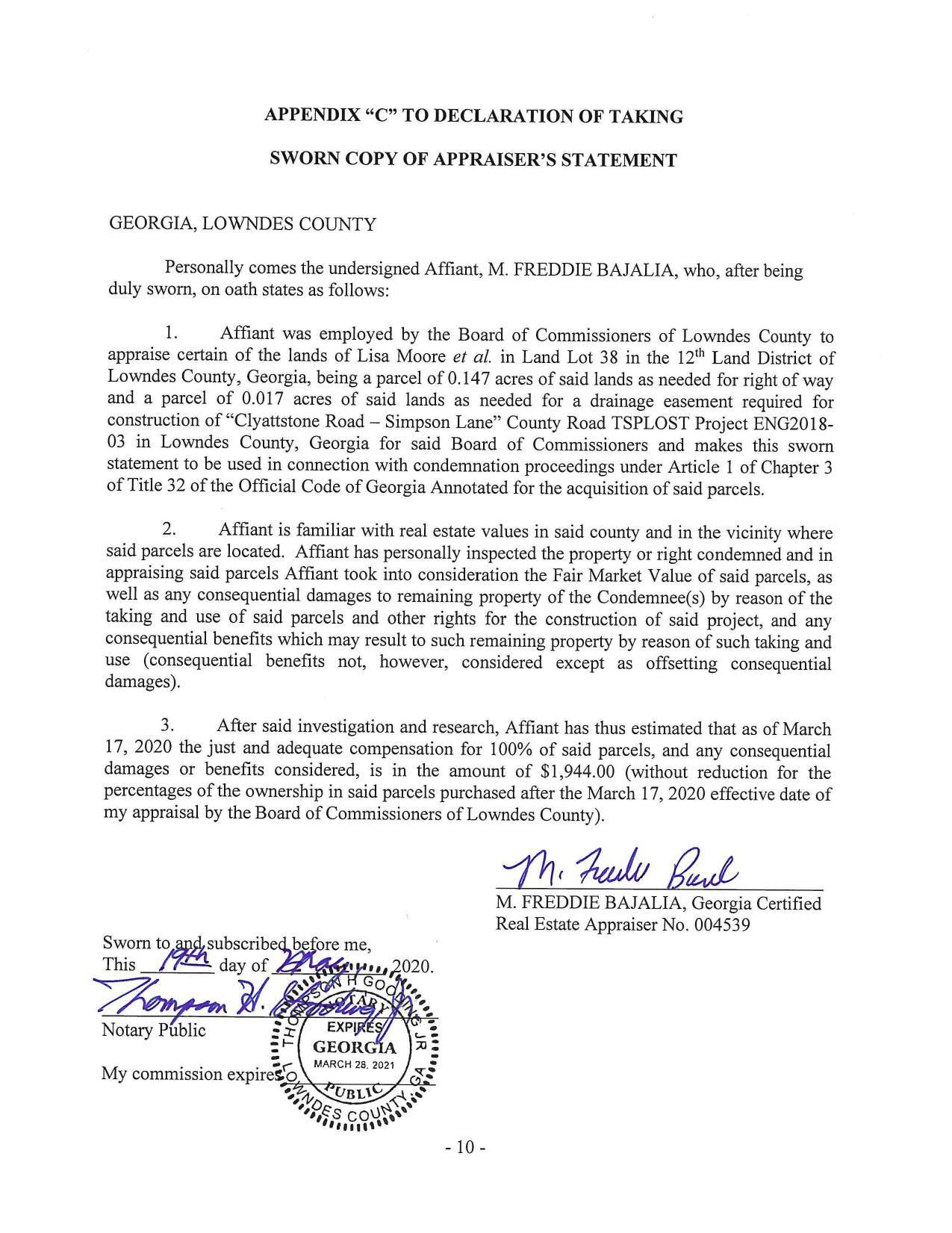 APPENDIX “C” TO DECLARATION OF TAKING, SWORN COPY OF APPRAISER’S STATEMENT