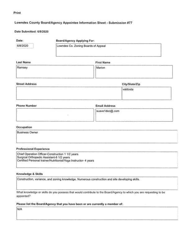 Marion Ramsey application for ZBOA