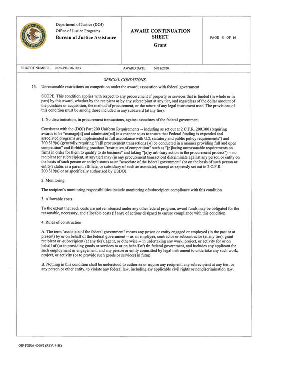 13. Unreasonable restrictions on competition under the award; association with federal government