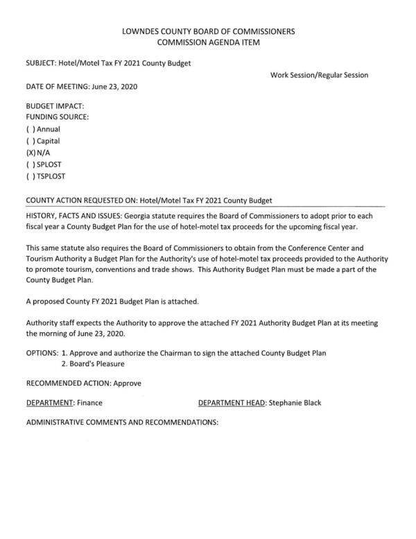 [OPTIONS: 1. Approve and authorize the Chairman to sign the attached County Budget Plan]