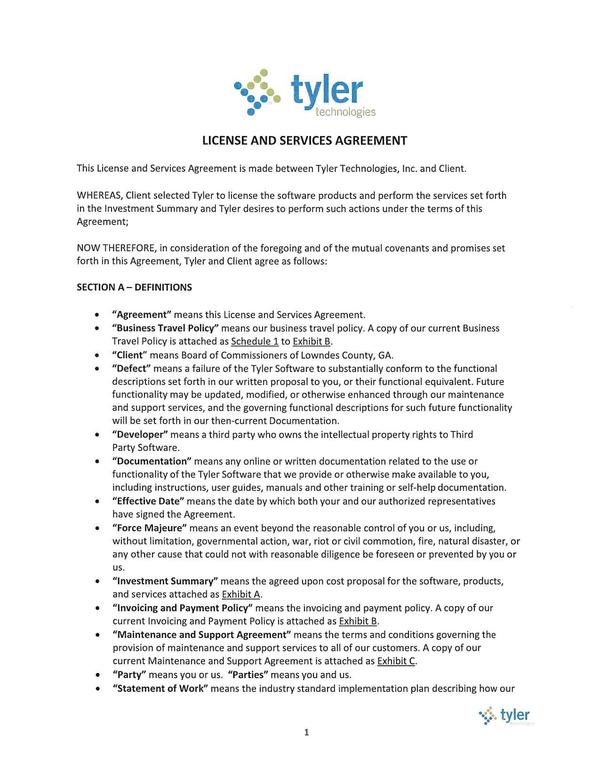 LICENSE AND SERVICES AGREEMENT --Tyler Technologies