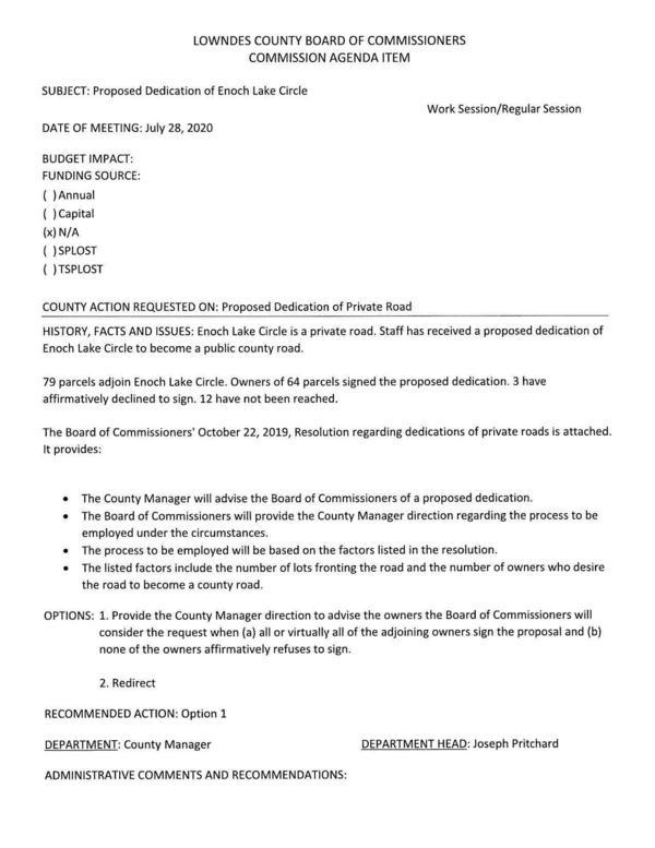 [79 parcels adjoin Enoch Lake Circle. Owners of 64 parcels signed the proposed dedication. 3 have affirmatively declined to sign. 12 have not been reached.]