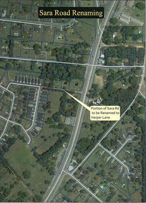 [Aerial Map: Sara Road Renaming]