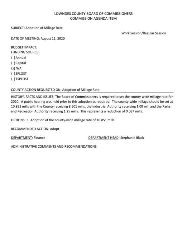 10.851 mills, 8.601 County, 1.00 VLDA, 1.25 VLPRA. reduction of 0.087 mills.