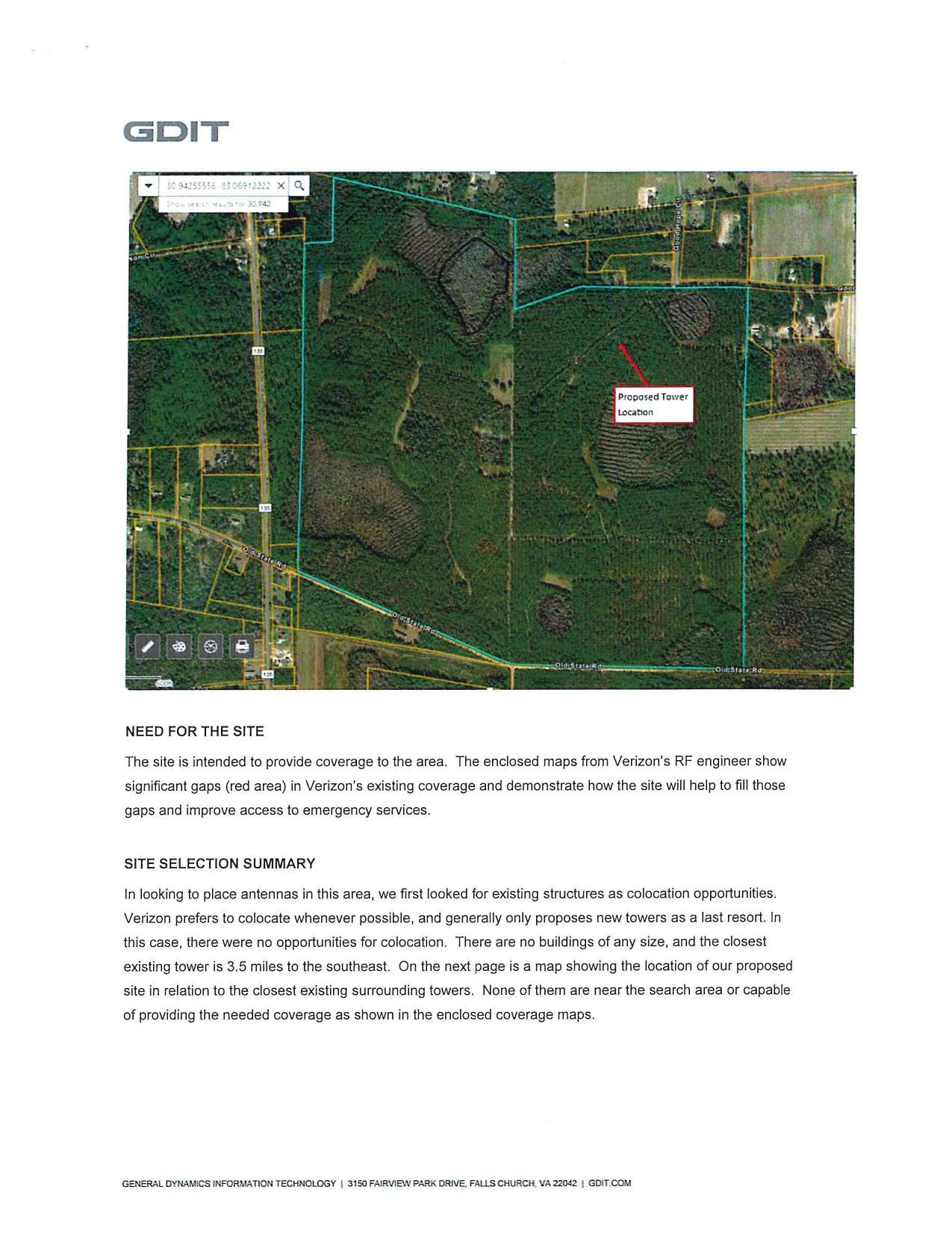 GDIT: Proposed Tower Location map, Need for the Site, Site Selection Summary