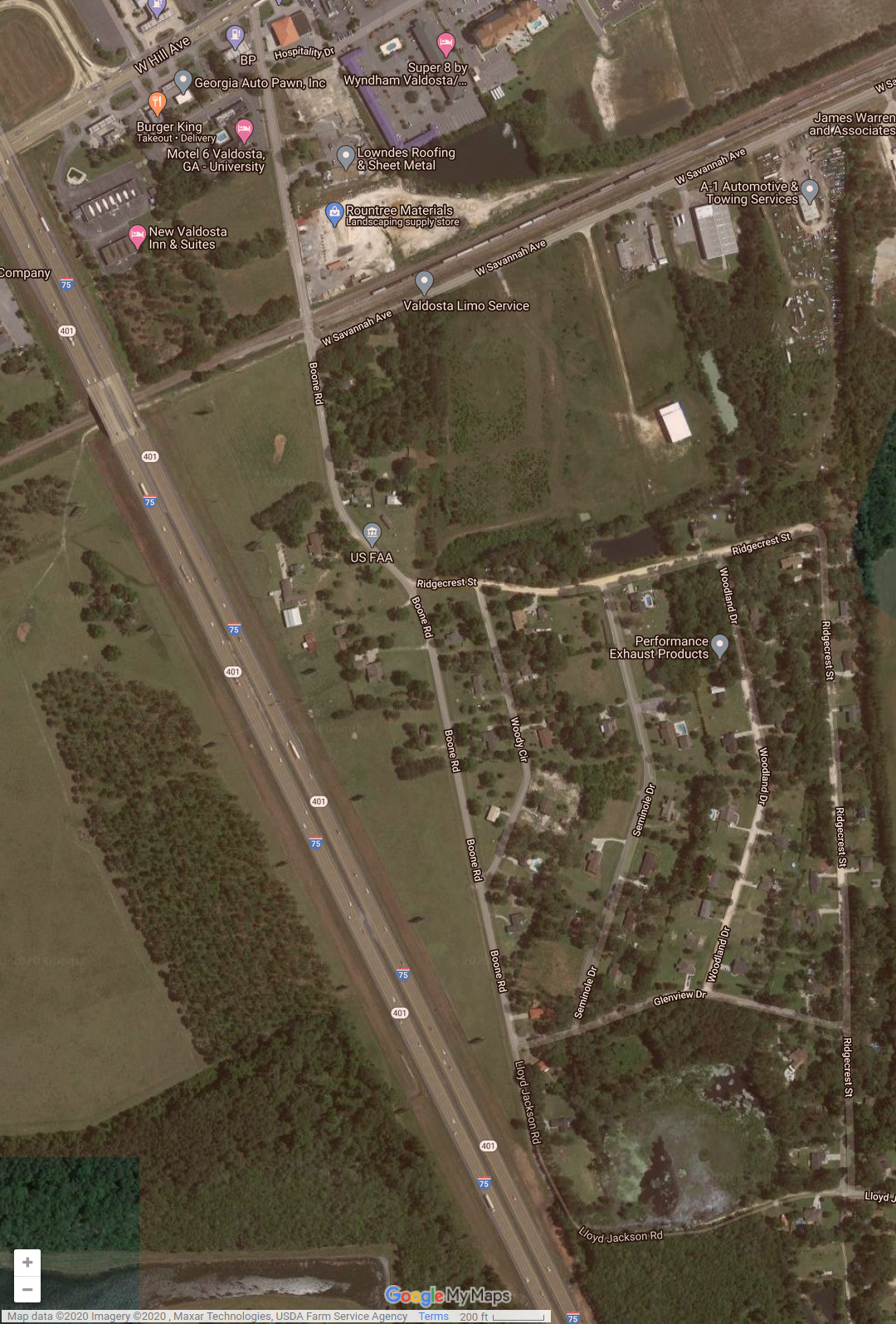 Google map: Ridgecrest Street & Woodland Drive